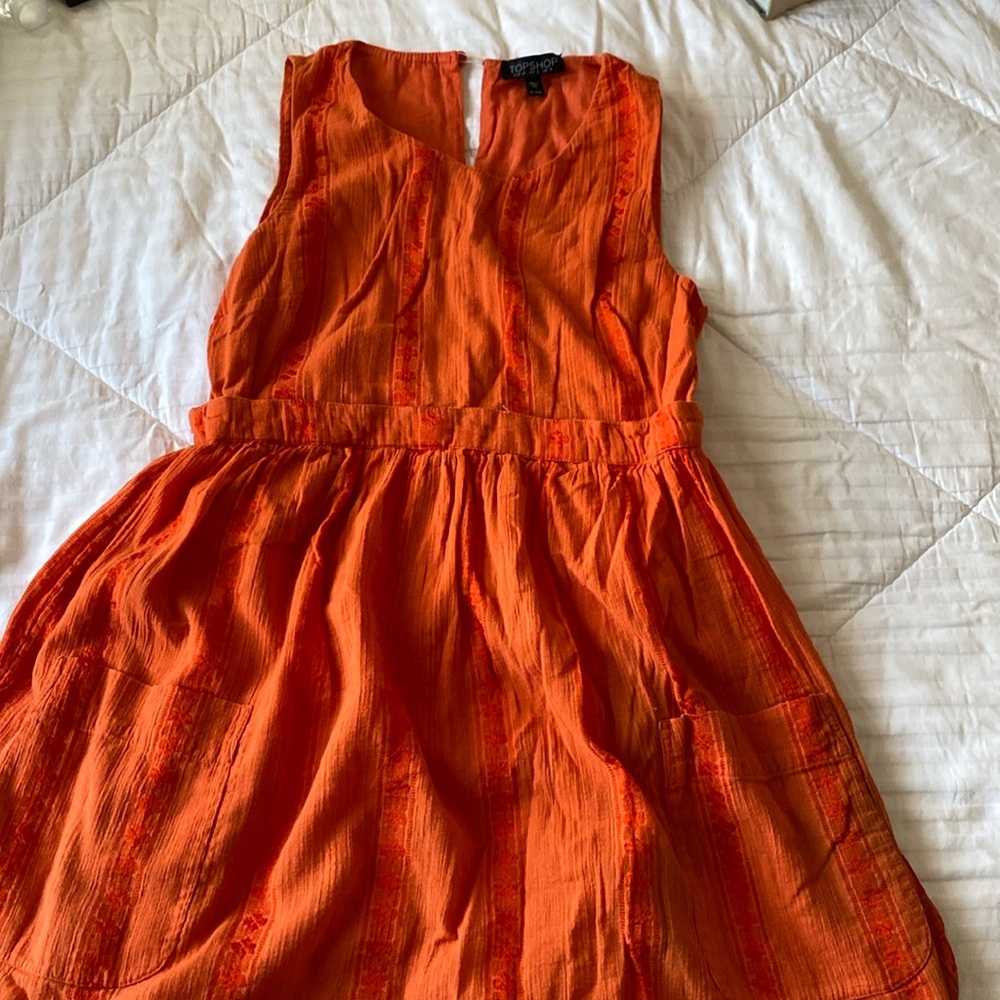 topshop orange dress with floral embroidery orange color and button back
